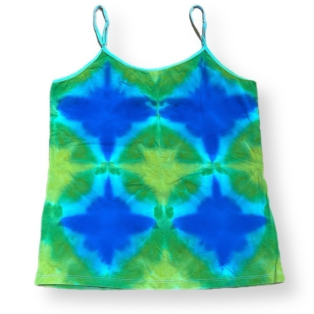 Hand tie dyed tank top cami blue green shibori starburst XL